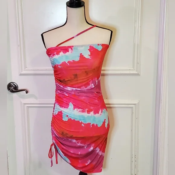 Pretty Little Thing Pink Multi Asymmetric Strap Ruched Bodycon Dress, Size 6 - Picture 14 of 16